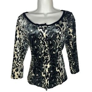 VTG Womens LUCCA USA Y2K Velour Snow Leopard Print Long Sleeve Shirt